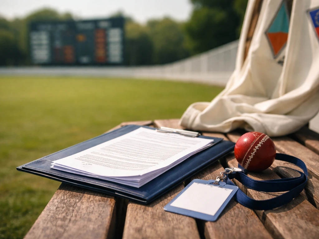 Bench with cricket ball, lanyard, and contract folder beside a blurred match scoreboard background.