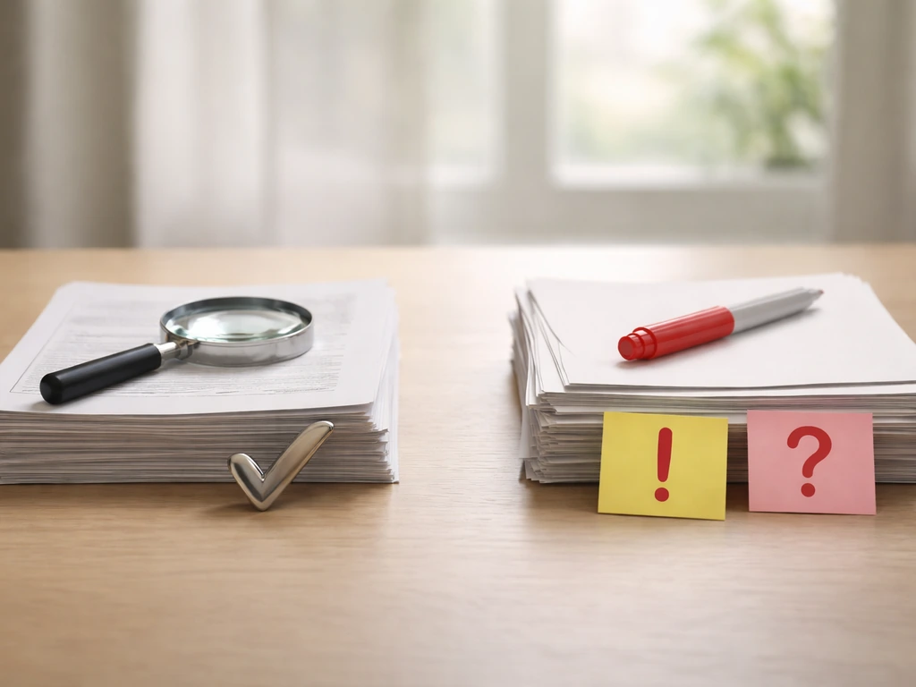 Minimal desk scene comparing verified documents with suspicious claims using icons and a magnifying glass.