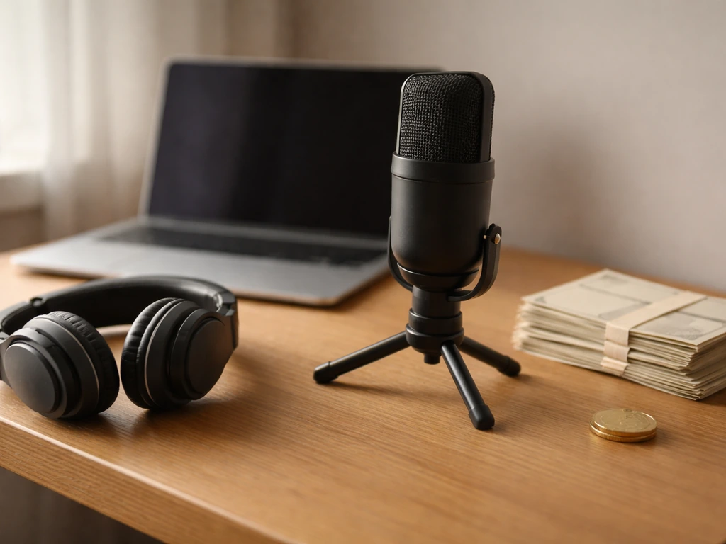 Minimal studio desk with headphones, microphone, and envelopes/coin symbolizing music and wealth.