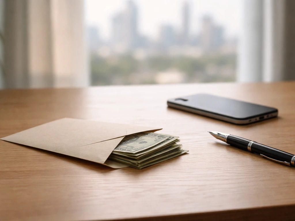 Minimal desk scene with a cash envelope and smartphone, symbolizing a financial net worth estimate range.