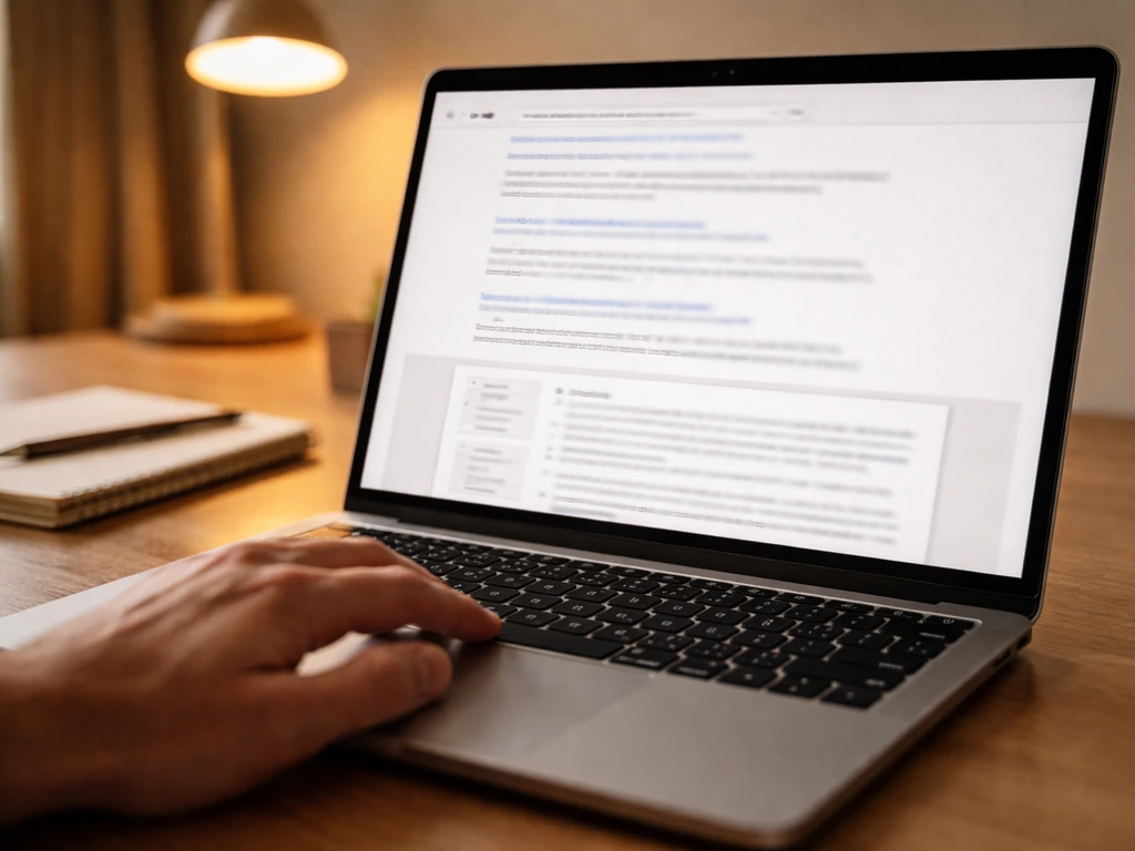 Close-up of a hand using a laptop to search online records, showing a document viewer without readable text.