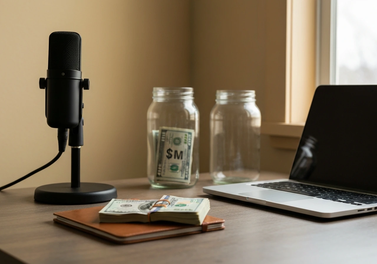Minimal home-studio desk with microphone and cash jar scene symbolizing a net-worth range estimate.