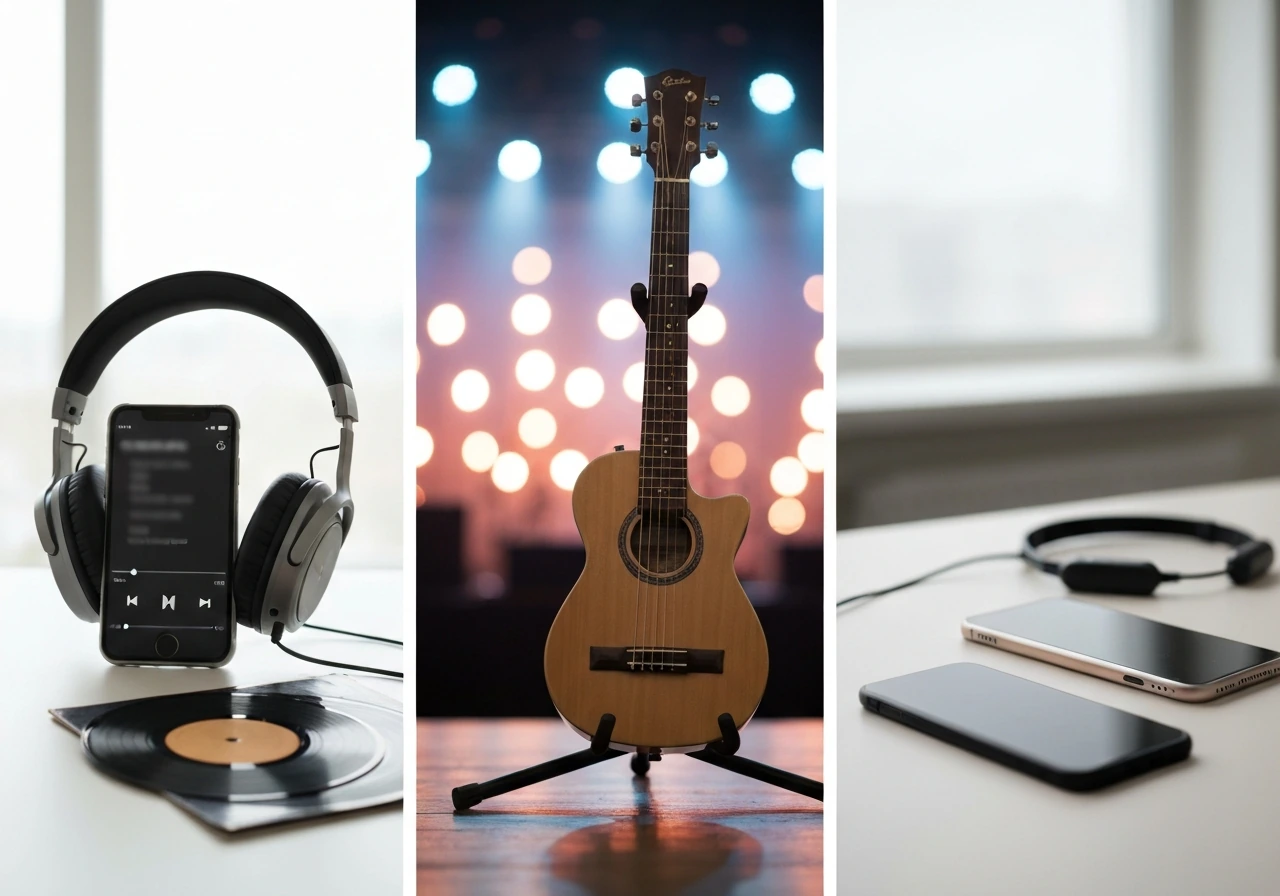 Minimal split photo of headphones and records, a guitar and stage light, and a wireless mic on a desk