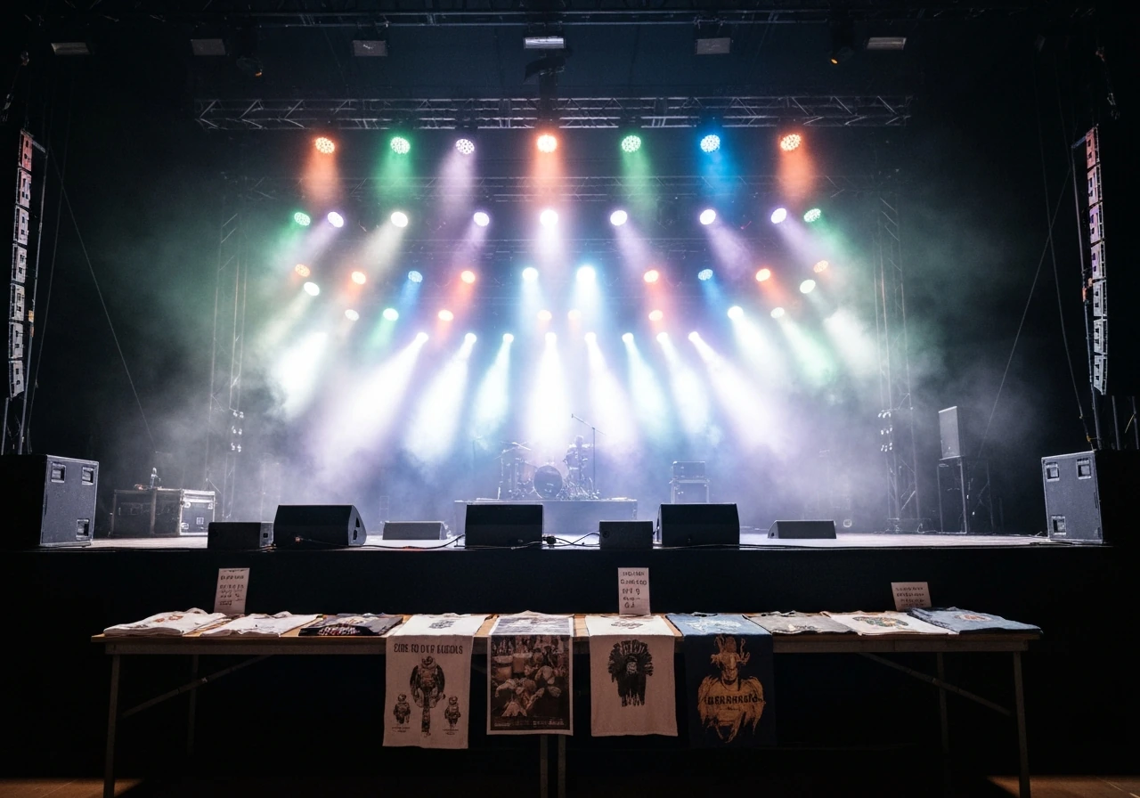 Concert stage lighting with a merchandise table in the foreground, no performers visible.