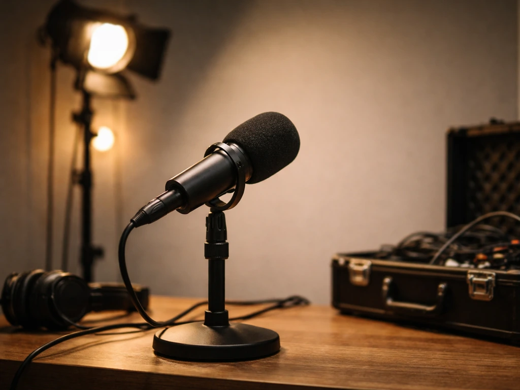 Minimal media studio scene with a microphone and warm lighting, symbolizing an actress’s public-profile analysis