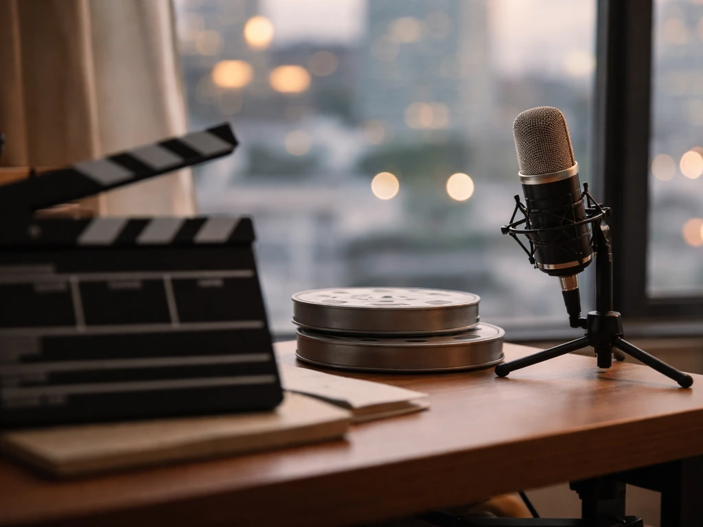 Minimal studio desk with microphone and clapperboard, symbolizing verifying an actress’s credits.