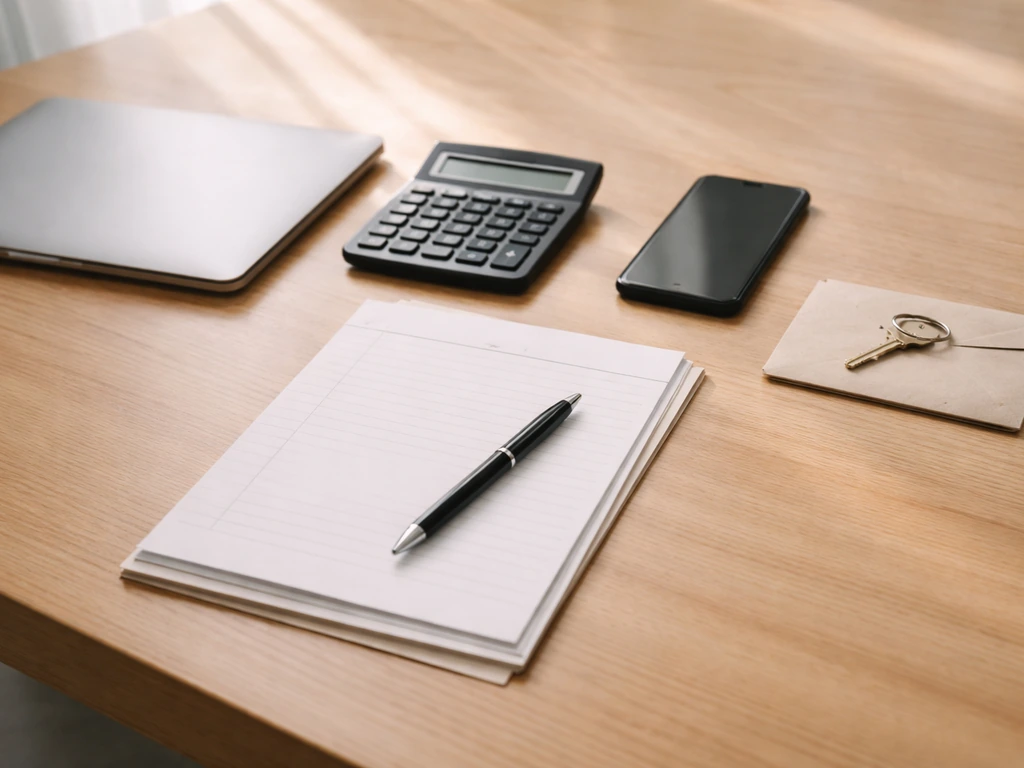 Minimal desk scene with calculator, blank documents, pen, and money-related props suggesting net worth modeling.