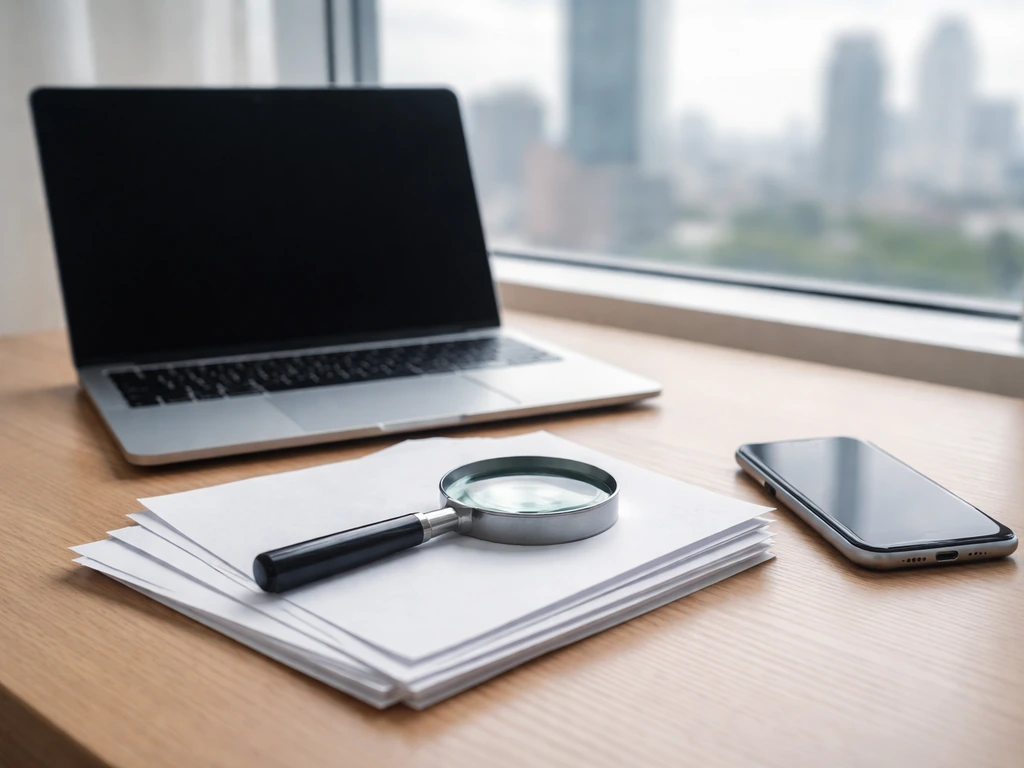 Minimal desk with documents, magnifying glass, and laptop suggesting corporate/entity verification research.