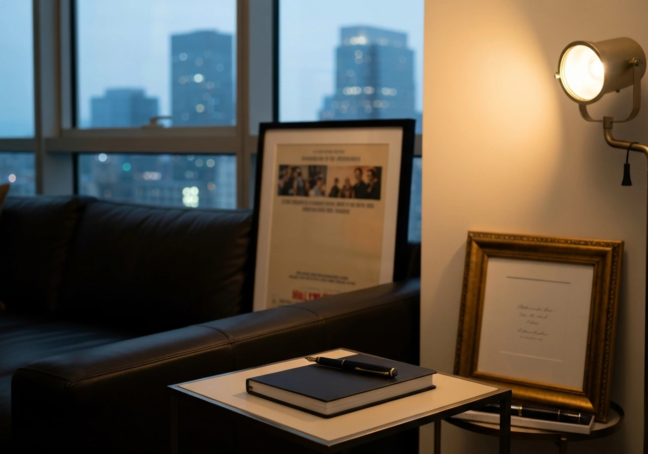 Minimal upscale Hollywood living room with skyline view, vintage film decor, and luxury desk items