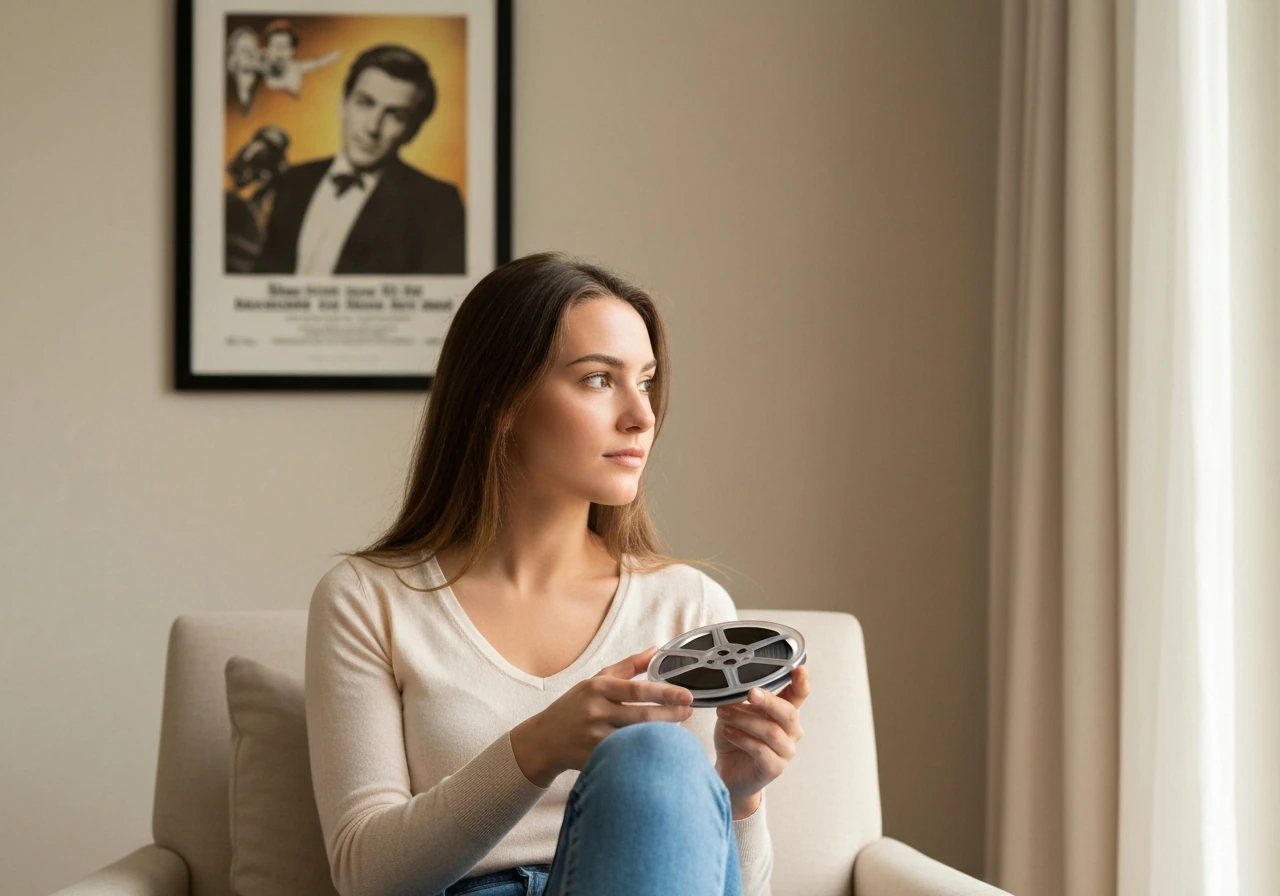 Anonymous young woman in a warm living room holding a vintage film reel, suggesting Hollywood heritage.
