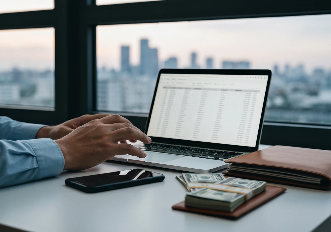 Minimal desk scene with a phone, cash, and a blurred city skyline suggesting a net-worth estimate