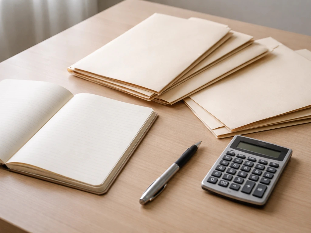 Close-up of a notepad with blurred document folders and a calculator beside bank statement envelopes