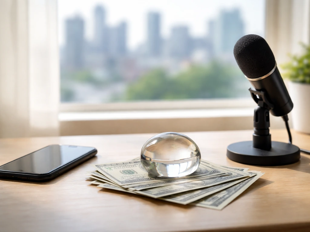 Minimal media-and-money scene: smartphone by a window next to scattered cash and a small studio microphone.