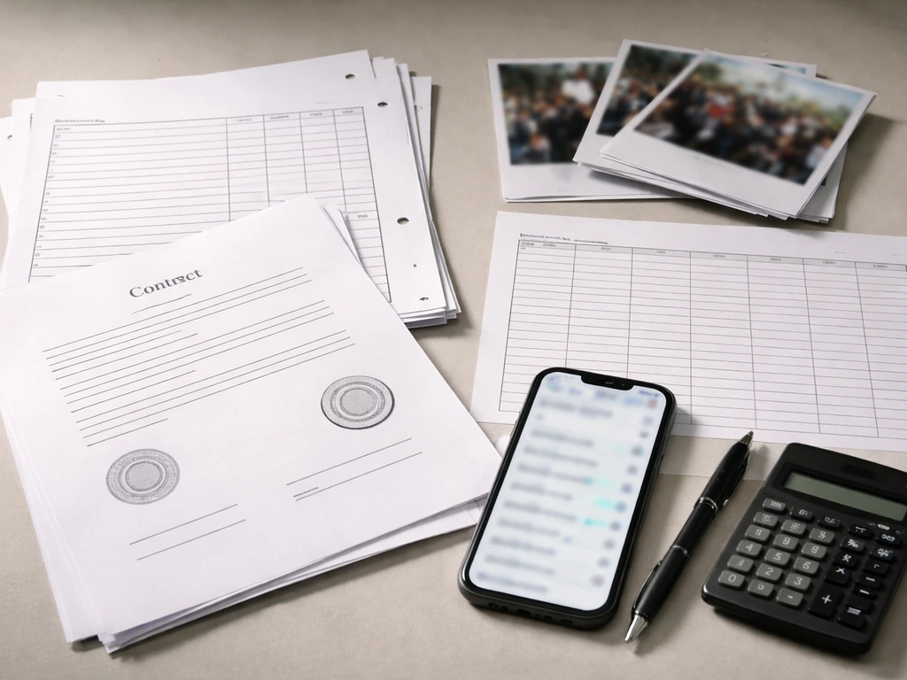 Anonymous desk close-up with blank invoices, contract pages, blurred campaign photos, and finance tools assembled.