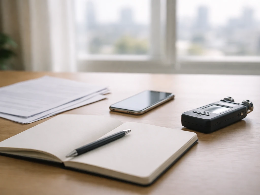Minimal photo of a desk with documents and a small audio recorder, symbolizing sources and reliability checks.