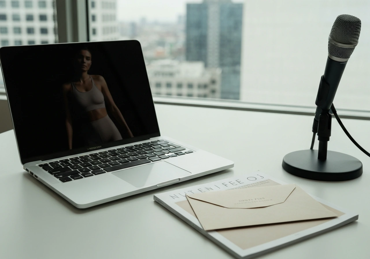 Minimal desk scene with laptop, microphone, and lifestyle/activewear lookbook beside money-themed envelopes