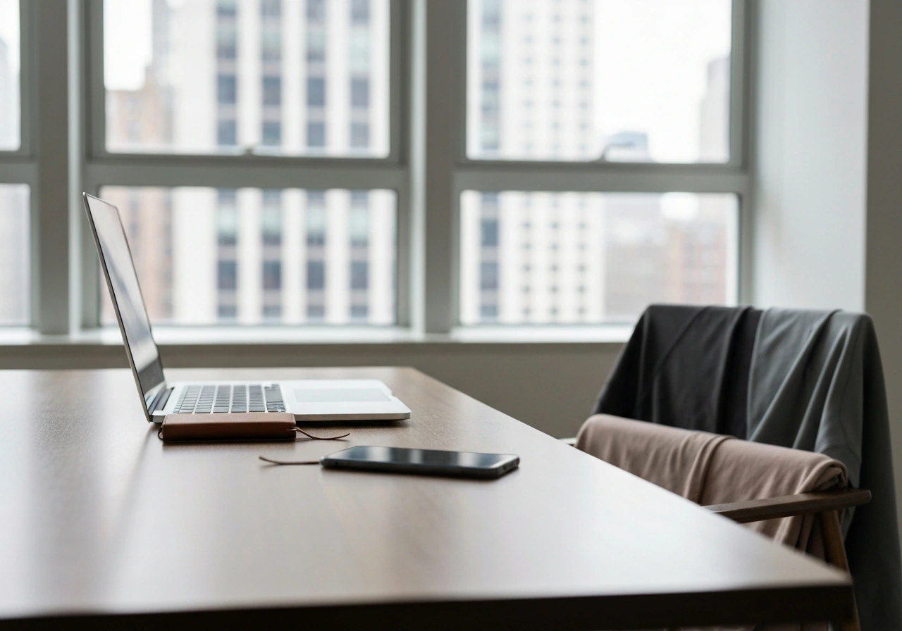 Minimal New York business desk with activewear fabric and a laptop, symbolic of a fashion CEO profile.