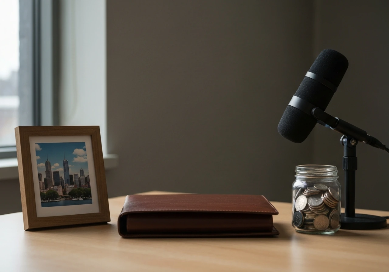 Minimal desk scene with a briefcase, coin jar, city photo, and microphone symbolizing business wealth drivers.