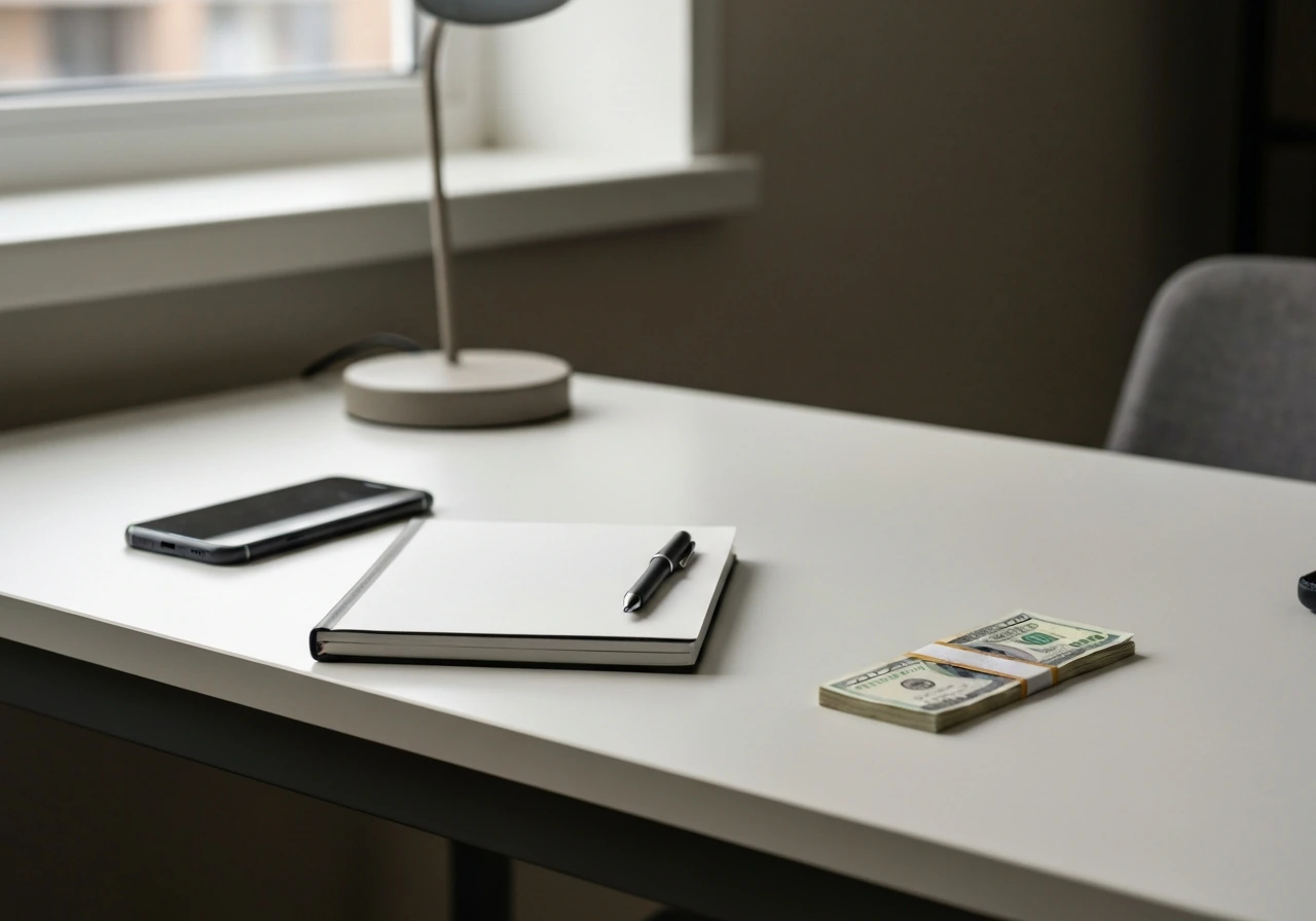 Minimal photo of an anonymous desk with notebook, pen, and a small stack of bills beside a window.