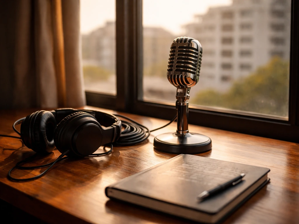 Minimal music studio desk with a microphone and headphones near a window showing a blurred city view.