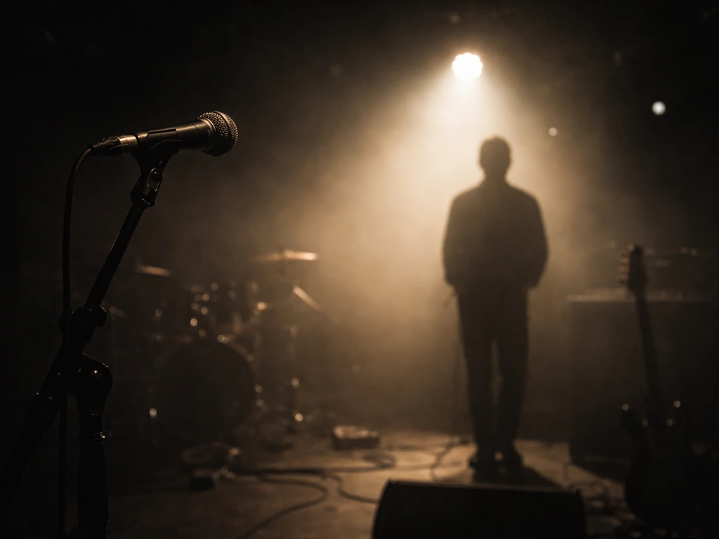 Backlit stage with a live band and microphones, spotlighting a performer silhouette in a concert setting