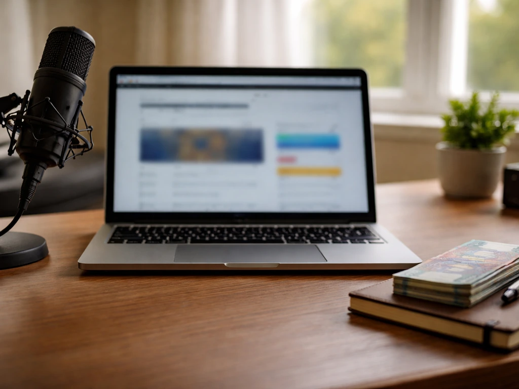 Minimal desk scene with laptop, microphone, and currency—symbolic of researching credible entertainment finance estimate