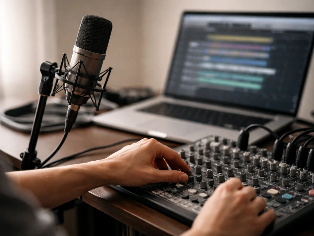 Anonymous studio hands adjust a mixing console next to a microphone in a modern recording room.