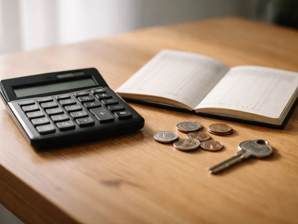 Close-up of a calculator and small ledger beside coins and a key on a wooden desk, symbolizing assets minus liabilities.