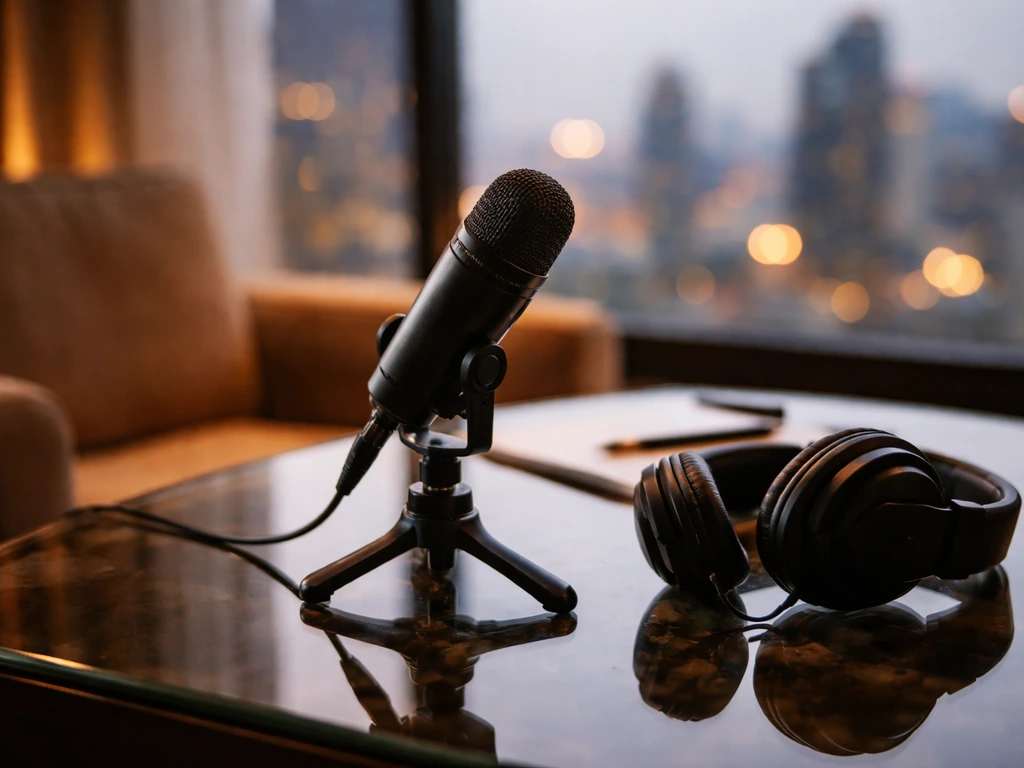 Anonymous podcast interview mic on a desk with headphones and blurred city skyline, symbolizing money talk.