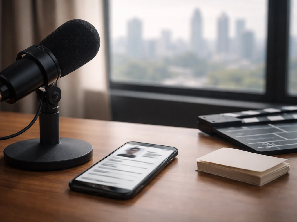 Close-up of a smartphone and microphone on a desk, signaling media credits verification for an actor