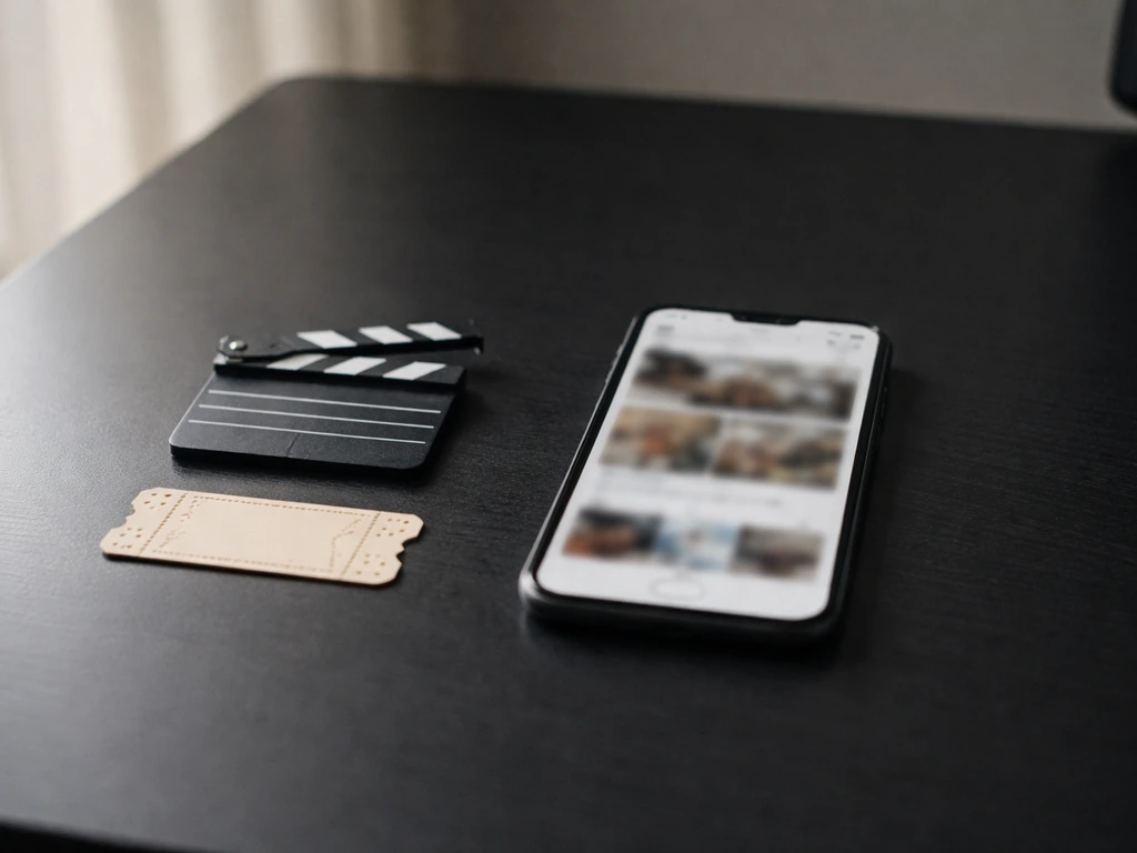Minimal desk scene with film clapboard items and a smartphone showing blurred social media content.