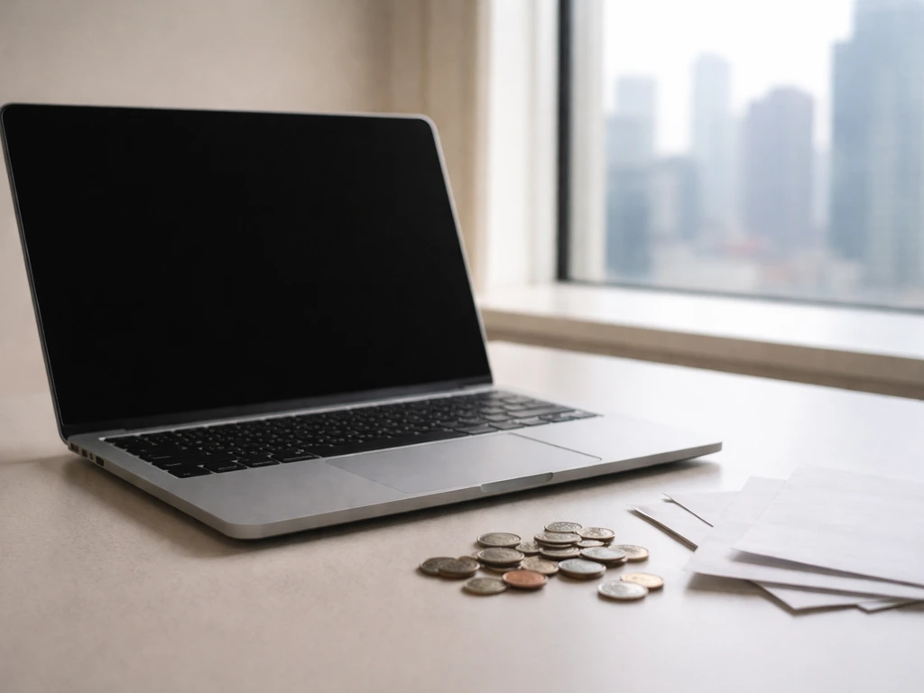 Minimal photo of an open laptop with scattered envelopes and coins on a tidy desk, symbolizing varying money estimates.