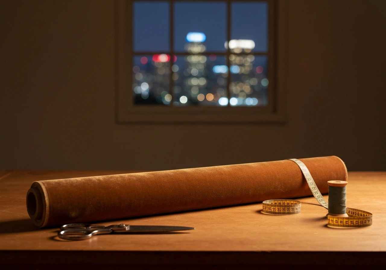Minimal studio scene symbolizing wealth and fashion: vintage fabric, tailoring tools, and a dim city skyline view.