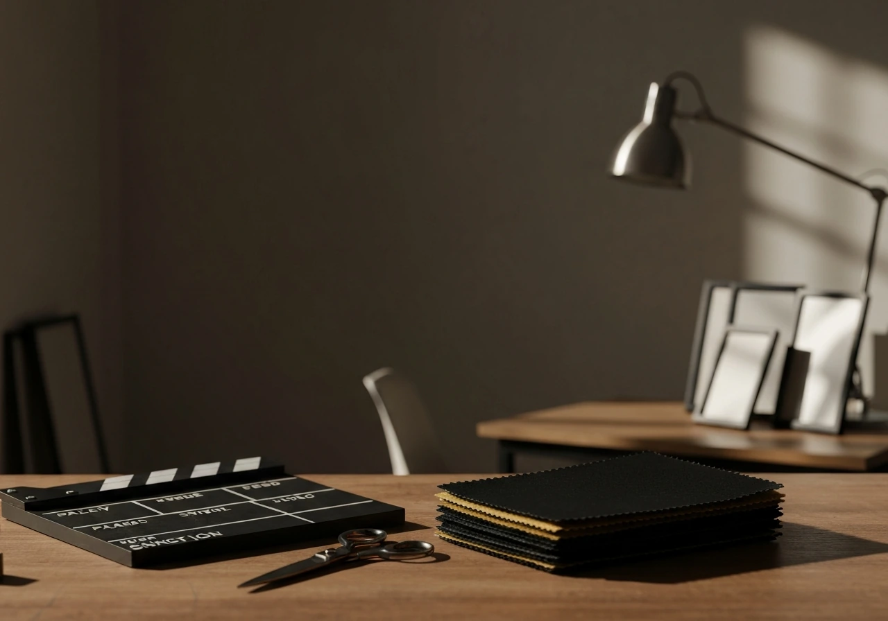 Vintage film clapperboard and tailoring supplies on a wooden table, blending media and business life.