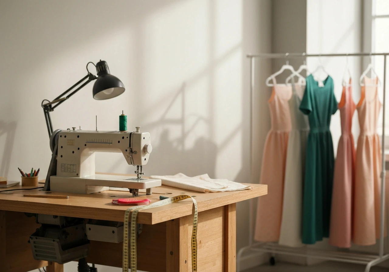 Anonymous dressmaking workshop with sewing machine, fabric, and finished garments on a rack.
