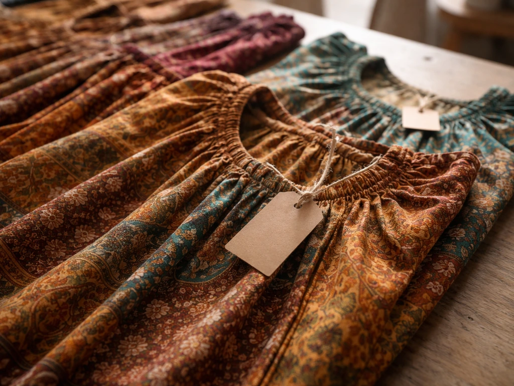 Close-up of handcrafted vintage-fabric dresses on a wooden table with a small attached product tag