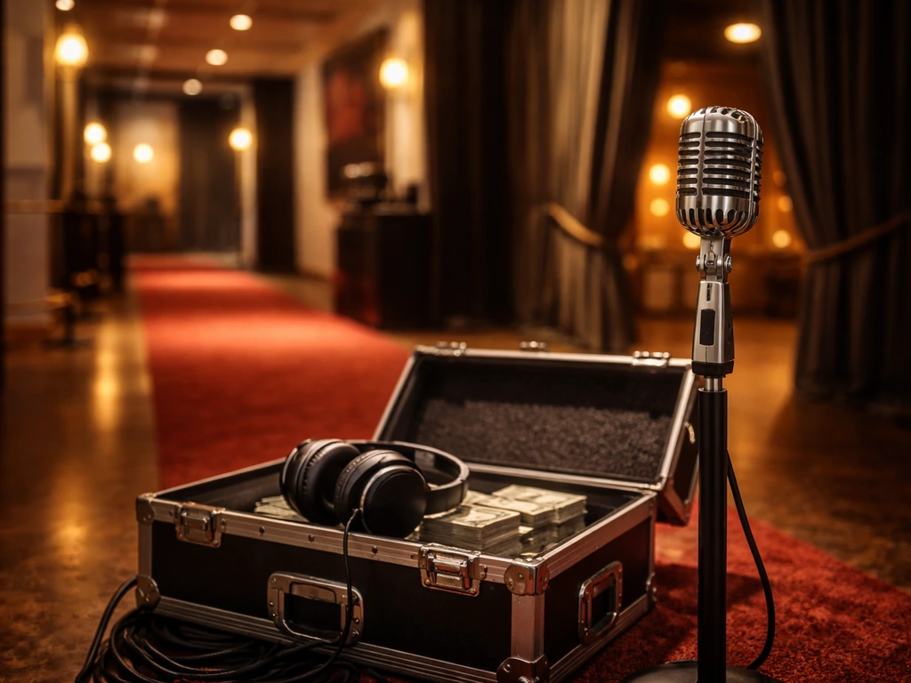 Close view of a studio microphone and headphones in a warm entertainment hallway.