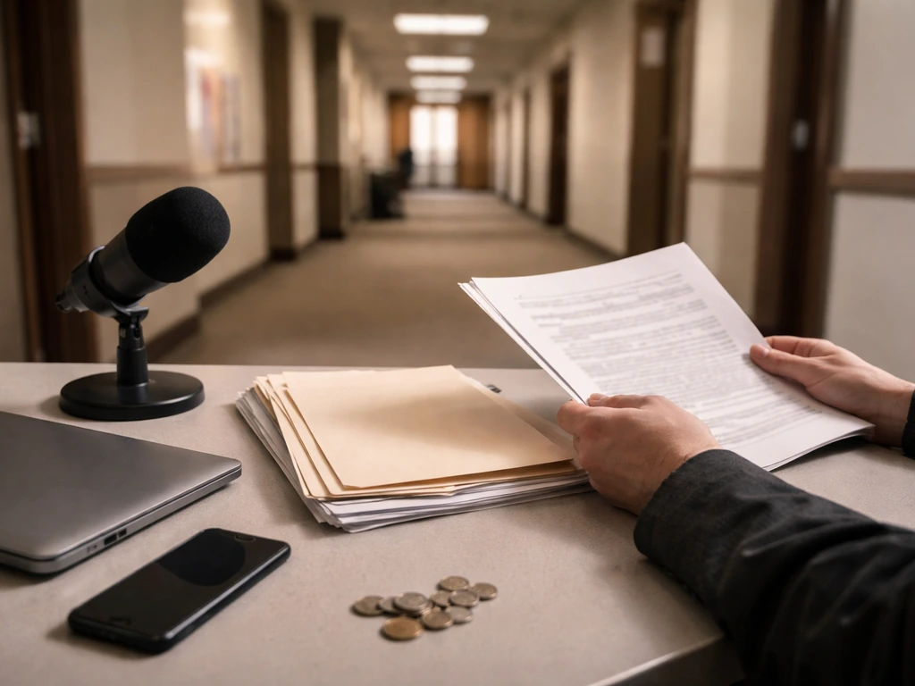 Anonymous hands review documents on a desk with a phone and laptop in a government-like LA setting.