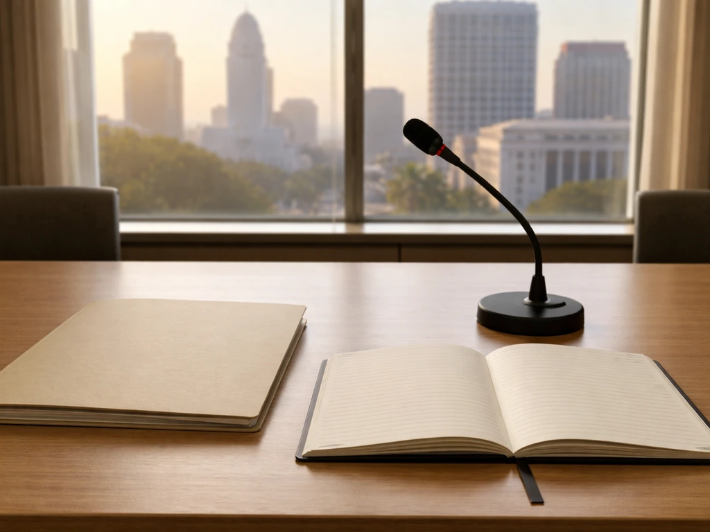 Minimal governance office desk with microphone and city/courthouse view in natural light.