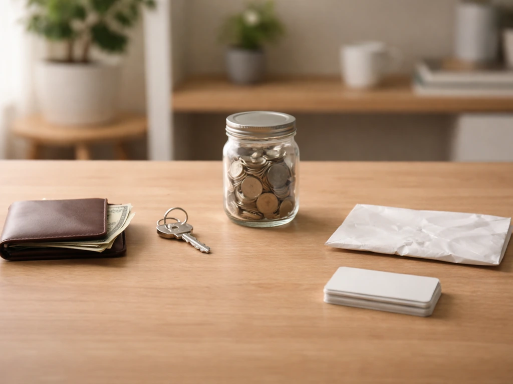 Minimal desk photo with cash, keys, coins, and credit slips arranged to imply assets minus liabilities.