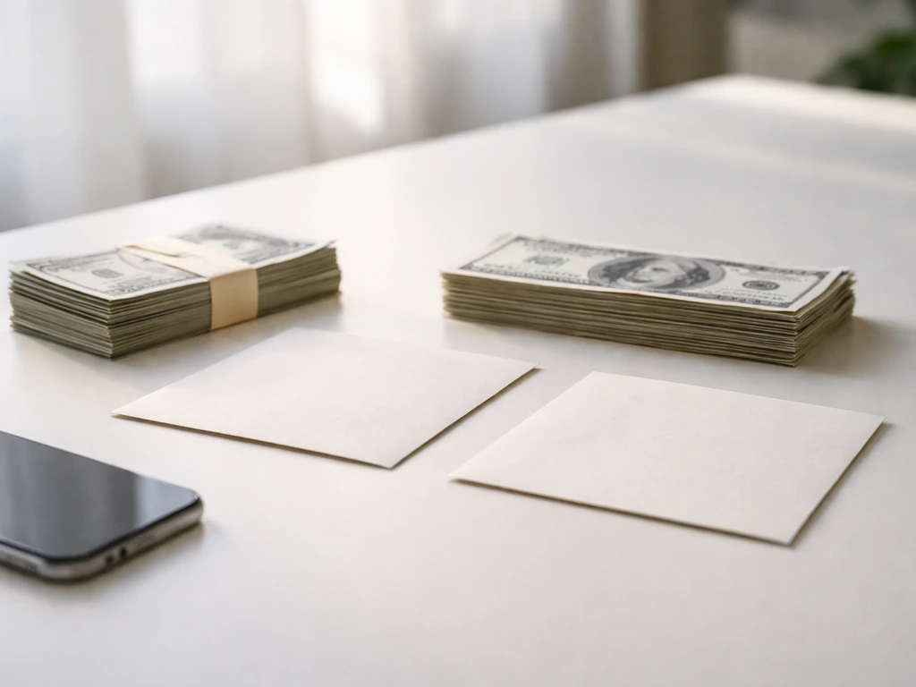 Minimal desk scene with two money stacks and envelopes suggesting two different net-worth ranges.