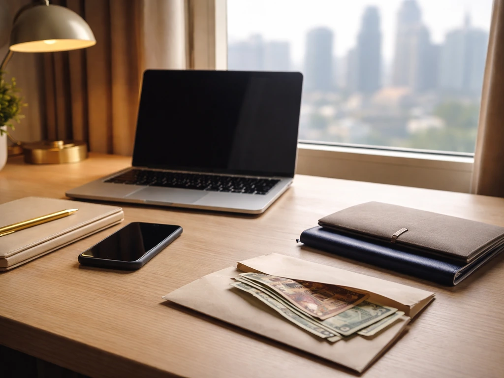 Minimal home office desk with laptop, passport holder, and an envelope of money by a window skyline.