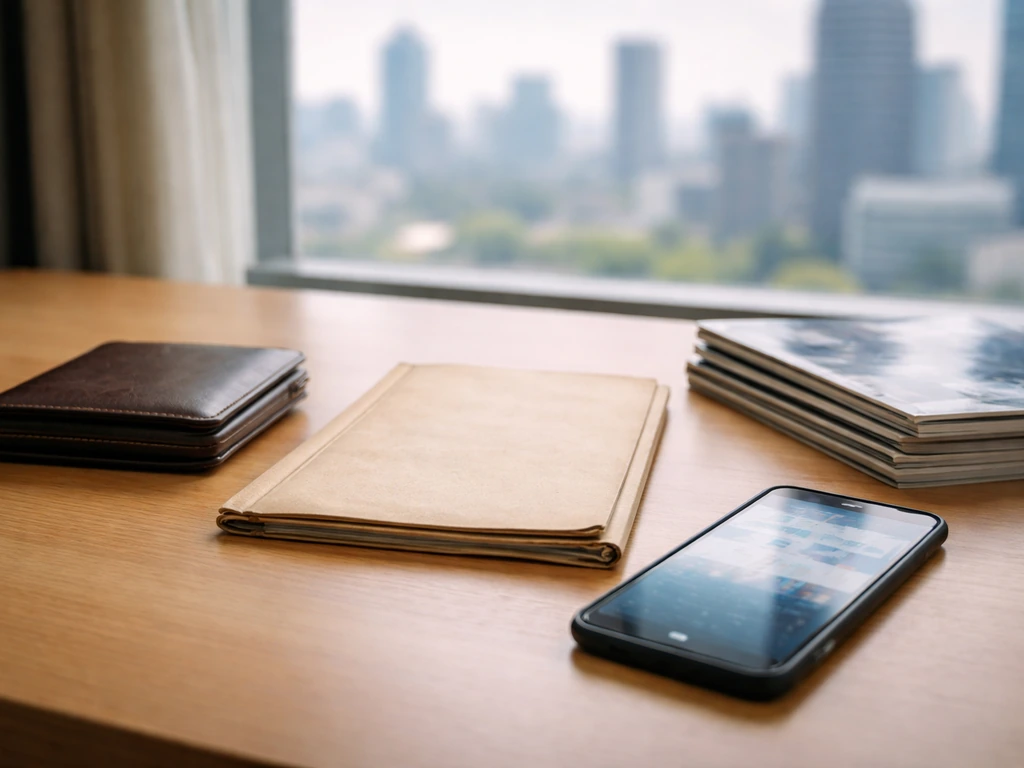 Minimal desk scene with wallet, blank bank folder, and business magazines symbolizing net-worth sources.