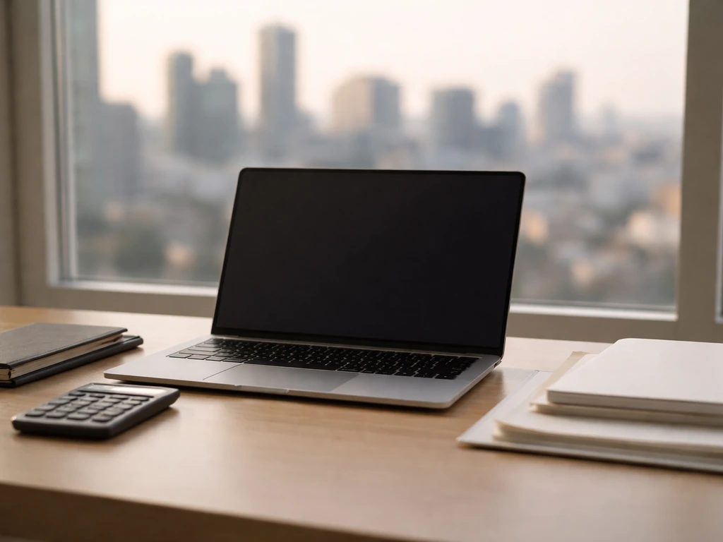 Minimal business desk scene suggesting financial net worth analysis: laptop, calculator, and scattered papers.