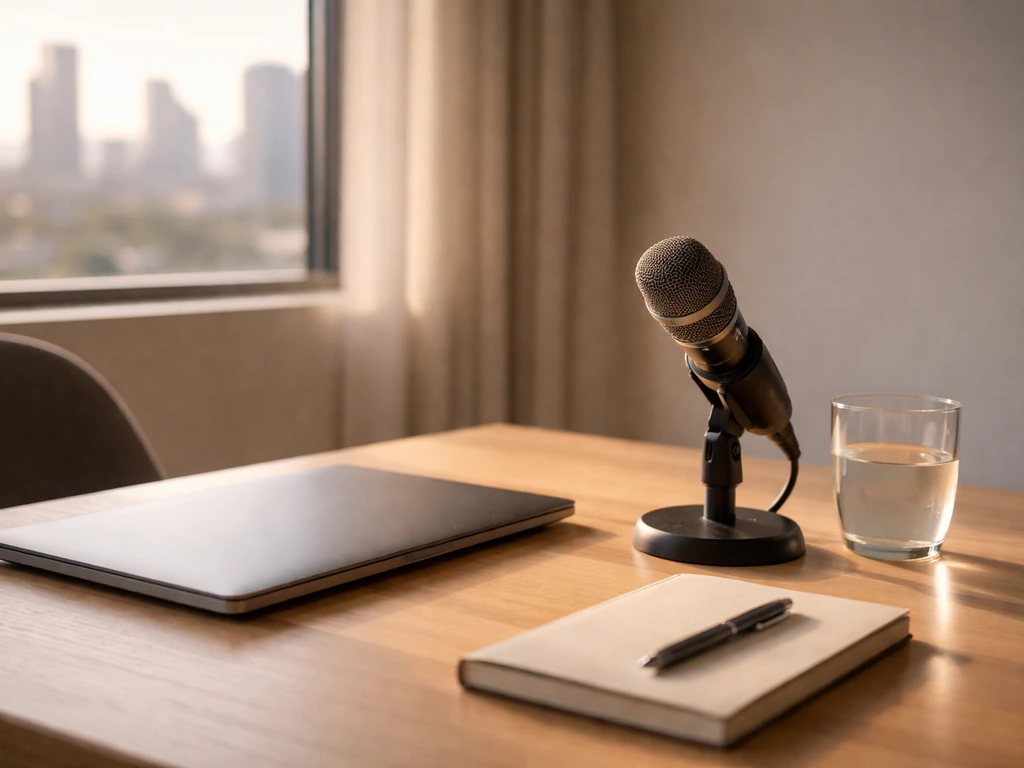 Minimal office desk with a microphone and laptop, sunlit window and blurred city skyline background.