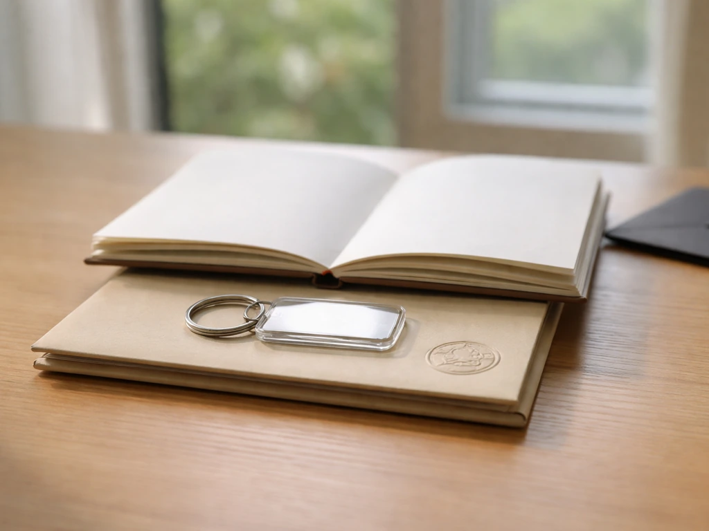 Minimal desk still life with folder, blank notebook, and keyring symbolizing nonprofit and missing asset details.