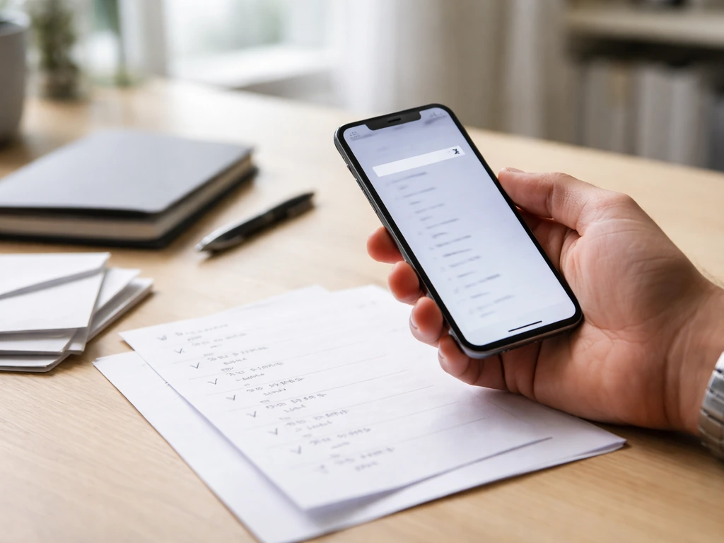 Hand holding a smartphone showing a search screen while papers with dates lie on a desk