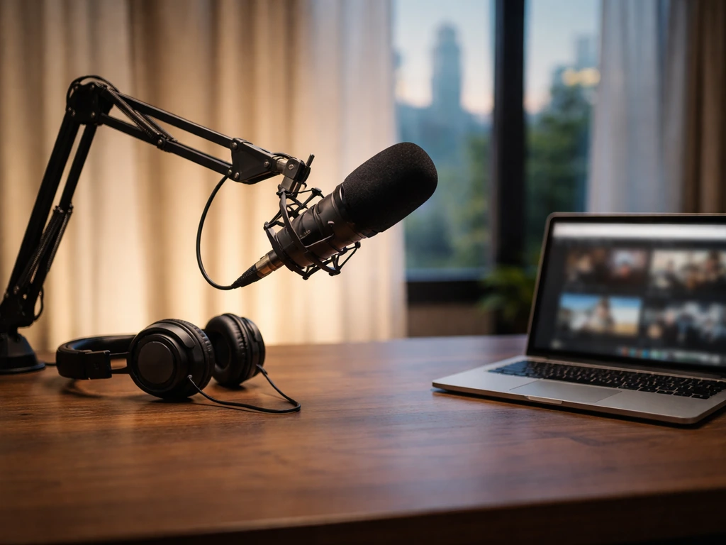 Close view of a minimalist podcast desk with a microphone and headphones in soft natural light.