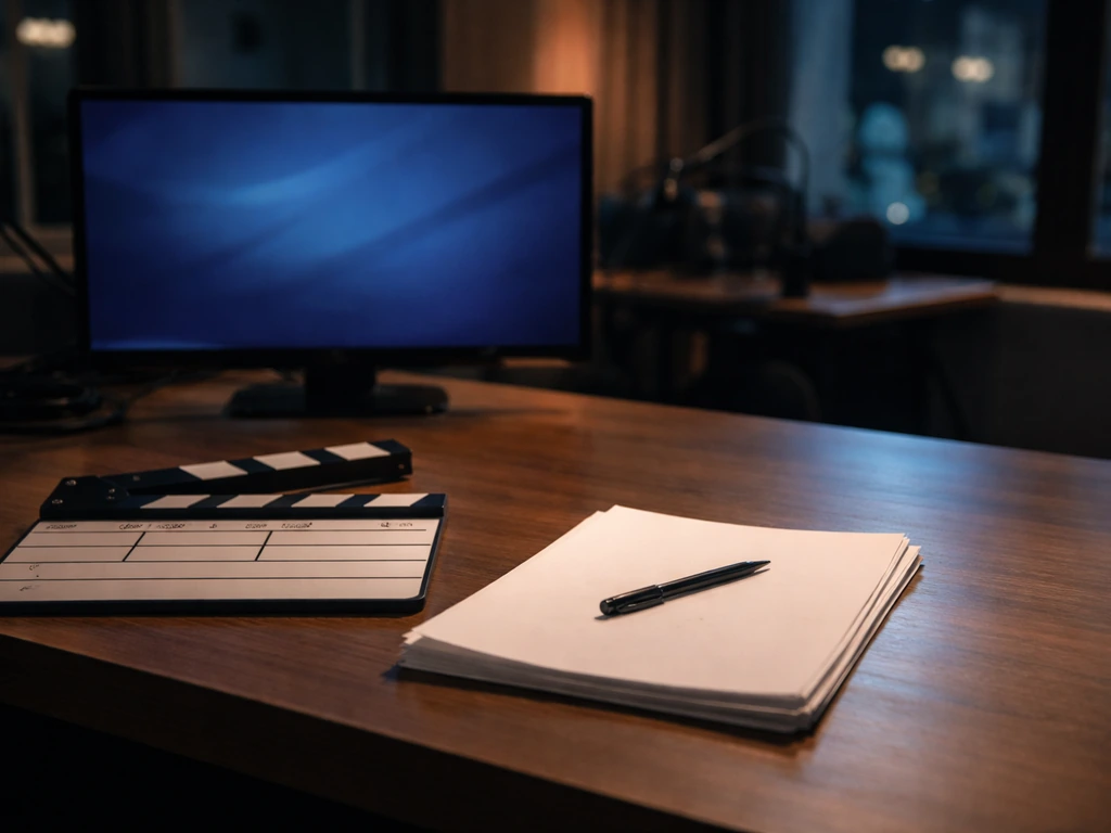 Writer-producer desk in a TV studio with a monitor, production slate, and neatly stacked script pages.