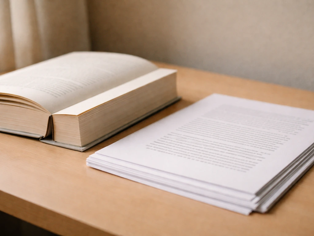 Printed book mockup with stacked pages and loose manuscript pages on a desk.